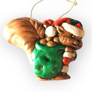 Ceramic Squirrel Santa with toy sack Christmas ornament